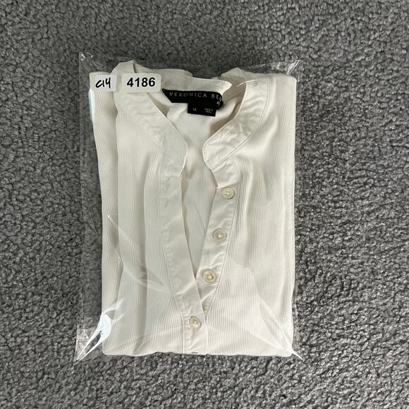 Veronica Beard Coralee Puff-Sleeve Top Womens M Cream Ribbed Classy Office - Picture 9 of 9